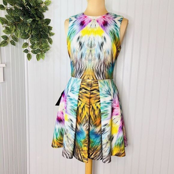 Bebe Alexis Sz M Mini Skater Dress Animal Print Tie Dye Fit Flare $139 NWT 0836 - Picture 2 of 15